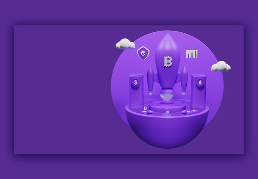 Render of a Virtual Bitcoin Launch Concept with Rocket