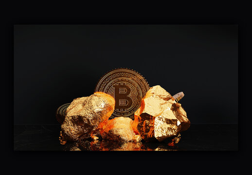 Render of a Virtual Golden Bitcoin and Abstract Golden Stones