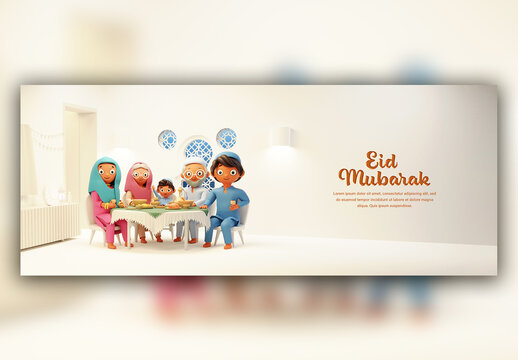 Render of a Muslim Family at Dinning Table for Iftar Eid Mubarak Concept