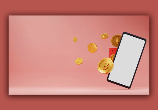 Render of Realistic Golden Crypto Coins Bitcoin Ether and Dollar with Mobile Mockup