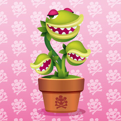 Cartoon venus flytrap in a pot on a pink background with a pattern - obrazy, fototapety, plakaty