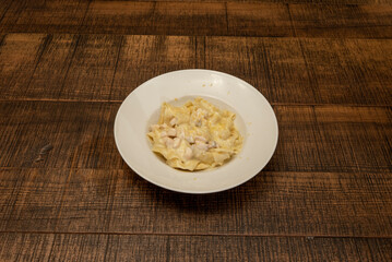 Pappardelle is a kind of wide fettuccine. The name derives from the verb 