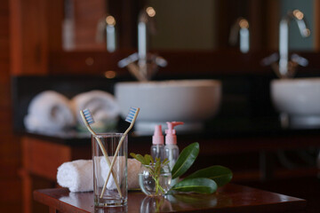 personal hygiene items in the bathroom. High quality photo