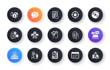 Minimal set of Accounting, Business portfolio and Vinyl record flat icons for web development. Creative idea, Support, Sharing economy icons. Work home, Recovery hdd. Circle buttons with icon. Vector