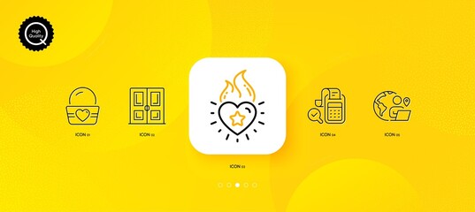 Fototapeta na wymiar Ice cream, Bill accounting and Outsource work minimal line icons. Yellow abstract background. Door, Heart flame icons. For web, application, printing. Sundae cup, Audit report, Remote worker. Vector