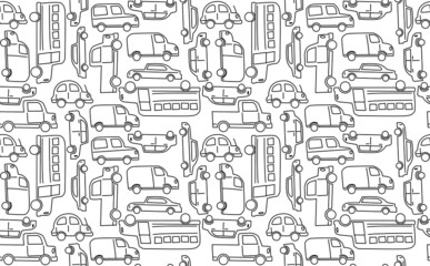 Cute seamless vector pattern featuring cars, busses, vans, and trucks. Repeating patterns are great for backgrounds and surface designs.