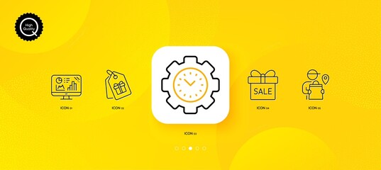 Fototapeta na wymiar Coupons, Time management and Sale offer minimal line icons. Yellow abstract background. Delivery man, Analytics graph icons. For web, application, printing. Shopping tags, Settings, Gift box. Vector