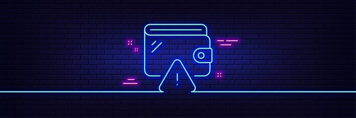 Neon light glow effect. Wallet line icon. Money purse sign. Cash budget symbol. 3d line neon glow icon. Brick wall banner. Wallet outline. Vector