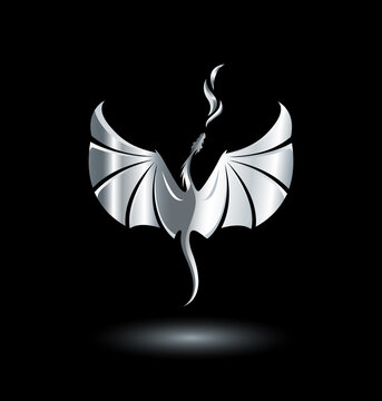 Stylized rising flying Dragon breathing fire. Image in gradient silver and black colors. Vector illustration. Works well as label, icon, emblem, design element, print, mascot.