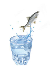 alose, poisson, en verre, boire, clapoter, évasion, sauter, liquide,  froid, blanc, boisson, bouillonner, bleu, abattre, éclaboussure, frais, clair, transparent, sain, verser, propre, fraîcheur,