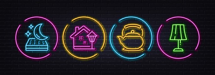 Mattress, Teapot and Street light minimal line icons. Neon laser 3d lights. Table lamp icons. For web, application, printing. Night bed, Tea kettle, Outdoor illuminate. Bedside lamp. Vector