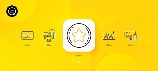 Fototapeta na wymiar Card, Loyalty star and Credit card minimal line icons. Yellow abstract background. Tips, Line graph icons. For web, application, printing. Bank payment, Bonus reward, Cash coins. Vector