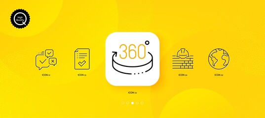 Fototapeta na wymiar 360 degrees, Build and Approved checklist minimal line icons. Yellow abstract background. World planet, Online voting icons. For web, application, printing. Vector