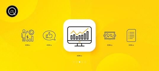Fototapeta na wymiar Statistics, Feedback and Image carousel minimal line icons. Yellow abstract background. Document, Employees wealth icons. For web, application, printing. Vector