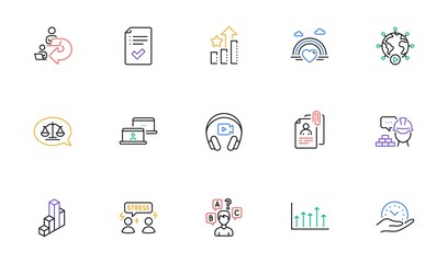 Quiz test, Approved checklist and Justice scales line icons for website, printing. Collection of Interview documents, Video conference, Headphones icons. Difficult stress, Build. Vector