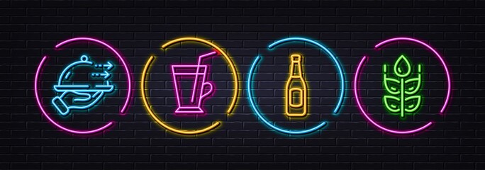 Beer, Coffee cup and Food delivery minimal line icons. Neon laser 3d lights. Gluten free icons. For web, application, printing. Pub alcohol, Latte drink, Restaurant plate. Bio ingredients. Vector