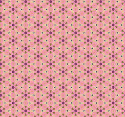 Muted pink and green colour schemed pattern. Illusion style seamless geometric pattern. What do you see first flowers, cubes, or hexagon shapes.
