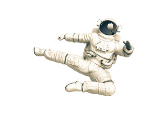 Fototapeta na wymiar astronaut is doing an action flying side kick