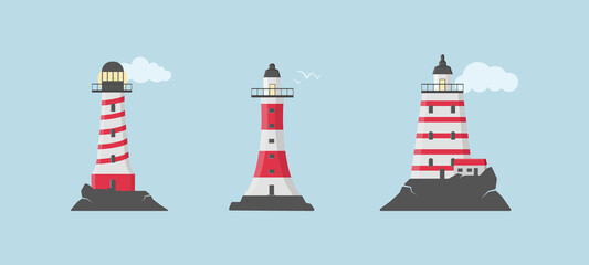 Obraz na płótnie Canvas Lighthouse with clouds in flat design, set of beacons. 