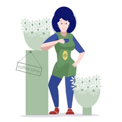 girl in flower shop with coffee