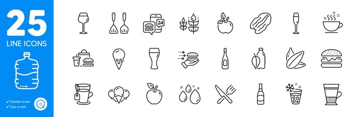 Outline icons set. Double latte, Fast food and Tea icons. Eco food, Ice creams, Coffee cup web elements. Beer glass, Beer bottle, Burger signs. Water bottle, Apple, Gluten free. Vector