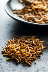 Fried salty worms. Roasted mealworms on black table.