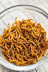 Fried salty worms. Roasted mealworms in bowl.