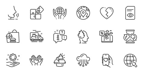 Fototapeta na wymiar Outline set of Broken heart, Employee hand and Fast food line icons for web application. Talk, information, delivery truck outline icon. Include Megaphone, Cloud storage, View document icons. Vector