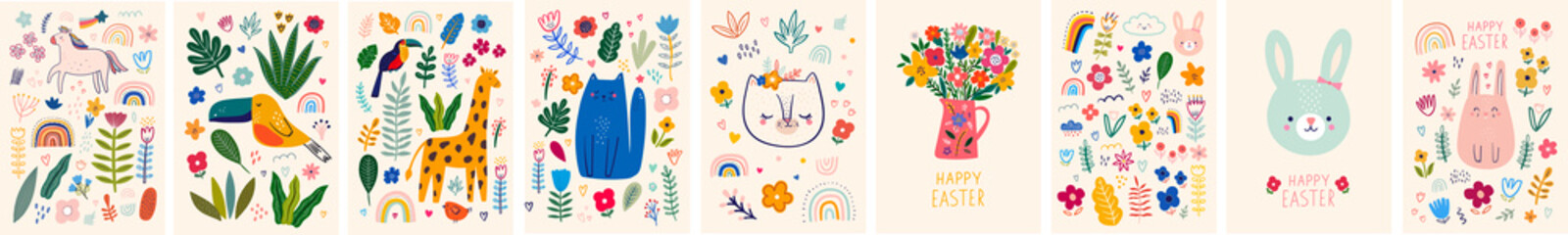 Baby posters and cards with animals and flowers pattern. Vector illustrations with cute animals. Nursery baby illustrations. - 498617794