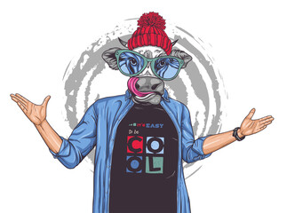 Cow wearing cool sunglasses with hands spreading out