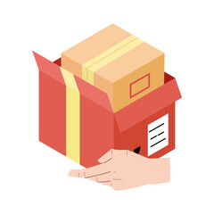 Delivery courier man holding package with delivery truck in background. The Courier Brought The Parcel By Truck. Delivery man and track. Flat design modern vector illustration concept.