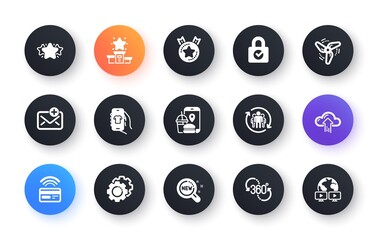 Minimal set of Settings gears, Cloud upload and Ranking star flat icons for web development. Winner podium, New products, Contactless payment icons. 360 degree, Star, Food app web elements. Vector