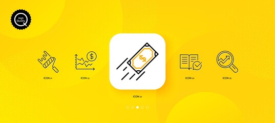 Dollar rate, Approved documentation and Fast payment minimal line icons. Yellow abstract background. Analytics, Paint roller icons. For web, application, printing. Vector