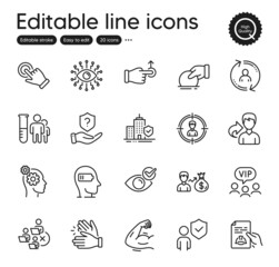 Set of People outline icons. Contains icons as Headhunting, Share and Protection shield elements. Check eye, Clapping hands, User info web signs. Sallary, Security. Outline headhunting icon. Vector