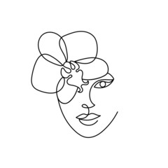 Face of an abstract woman with colorful shapes in a modern abstract minimalist one line style. Tropical orchid flower. Continuous black line simple drawing. Vector fashion illustration set.