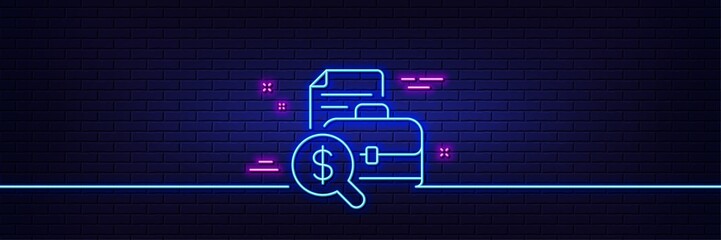 Neon light glow effect. Accounting report line icon. Audit sign. Check finance symbol. 3d line neon glow icon. Brick wall banner. Accounting report outline. Vector