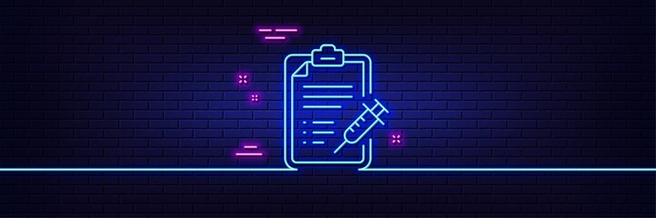 Neon light glow effect. Vaccine report line icon. Vaccination syringe sign. Injection schedule symbol. 3d line neon glow icon. Brick wall banner. Vaccine report outline. Vector