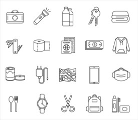 Vector objects set on white background of survival emergency kit for evacuation or disasters
