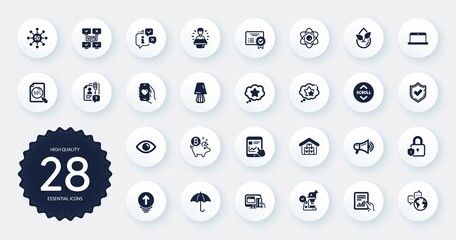 Set of Technology icons, such as Scroll down, 5g technology and Wholesale goods flat icons. Bitcoin coin, Loyalty star, Laptop web elements. Certificate, Umbrella, Microscope signs. Vector
