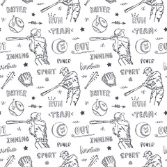 Baseball pattern for textile design. Vector background with lettering and baseball players. Sketch, hand-written text.