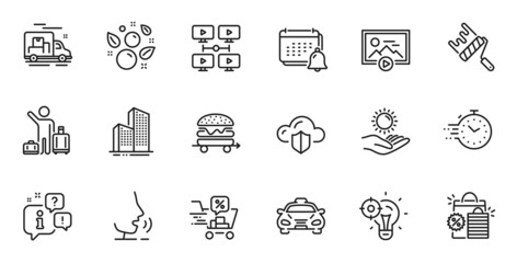 Outline set of Discounts cart, Clean bubbles and Skyscraper buildings line icons for web application. Talk, information, delivery truck outline icon. Vector
