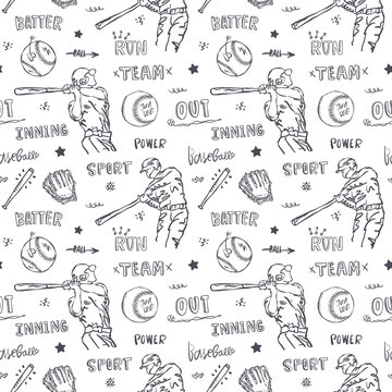 Baseball pattern for textile design. Vector background with lettering and baseball players. Sketch, hand-written text.