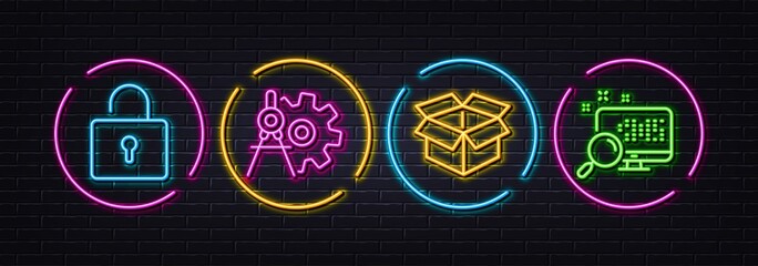 Cogwheel dividers, Lock and Open box minimal line icons. Neon laser 3d lights. Search icons. For web, application, printing. Settings, Private locker, Delivery package. Find file. Vector