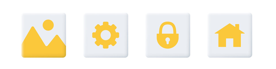 3d web icons. White squares with orange icons: home, gallery, settings, lock. Vector matte clipart isolated on white background.