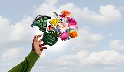 Stop war and No violence concept as a grenade weapon with flowers as a person throwing a symbol for peace and hope with an unexploded bomb or disarmed explosive to spread love - obrazy, fototapety, plakaty