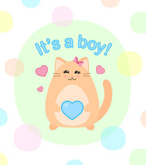 It's a boy. Baby shower party. Gender of a child. Pregnancy announcement. Expecting a baby. Happy pregnant mother. Cartoon cat. Greeting card or print design. Blue heart. Kawaii