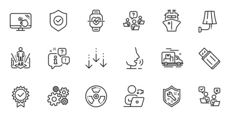 Outline set of Ship, Cardio training and Video conference line icons for web application. Talk, information, delivery truck outline icon. Include Certificate, Touch screen, Scroll down icons. Vector