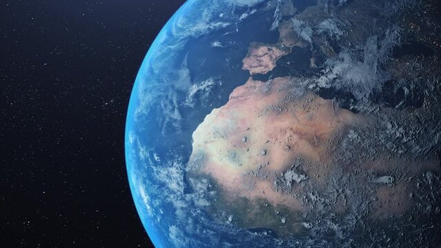 Earth from space. Stars twinkle. No sun in the frame. Flight over the Earth. 4K. Sunrise. The earth slowly rotates. Realistic atmosphere. 3D Volumetric clouds. The camera 36mm moves forward.