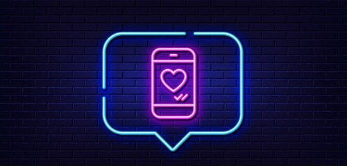 Neon light speech bubble. Phone with heart line icon. Social media like sign. Smartphone Love message symbol. Neon light background. Love chat glow line. Brick wall banner. Vector