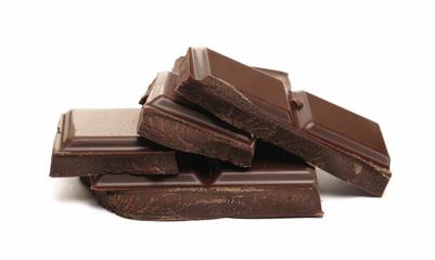Dark chocolate with cocoa bars, pieces isolated on white  